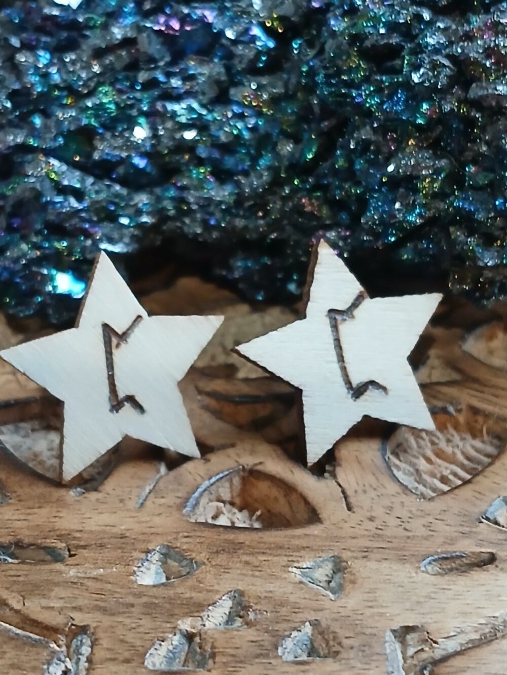 Perthro: Norse Runes wood burned stars hypoallergenic earrings